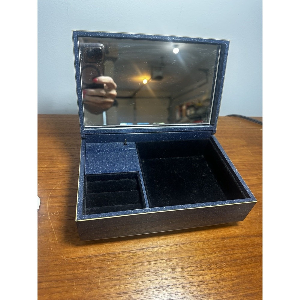 Vintage Otagiri Japan Blue Iris Lacquer Jewelry Box Mirror Fascination 12" Video - Picture 3 of 5